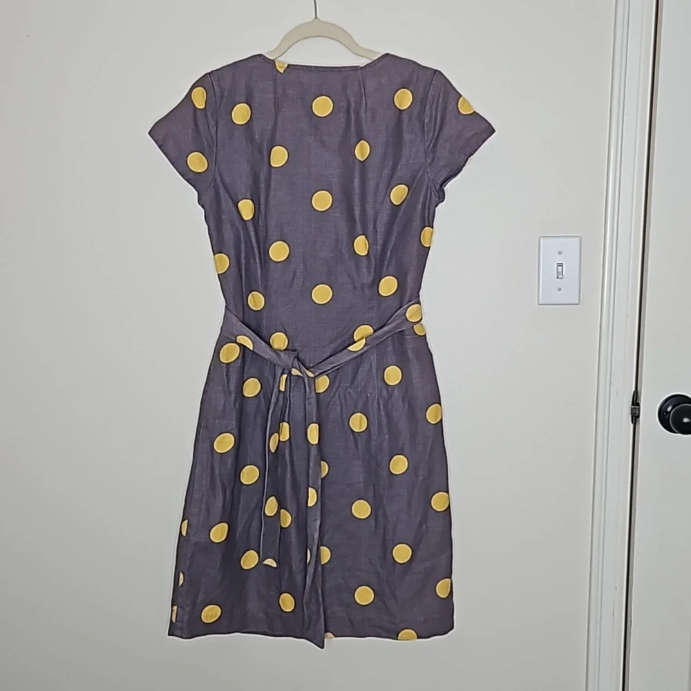 Boden Womens Dress Sz 6 Gray Yellow Polka Dot Belted Sheath Cotton Linen Preppy - Picture 10 of 11